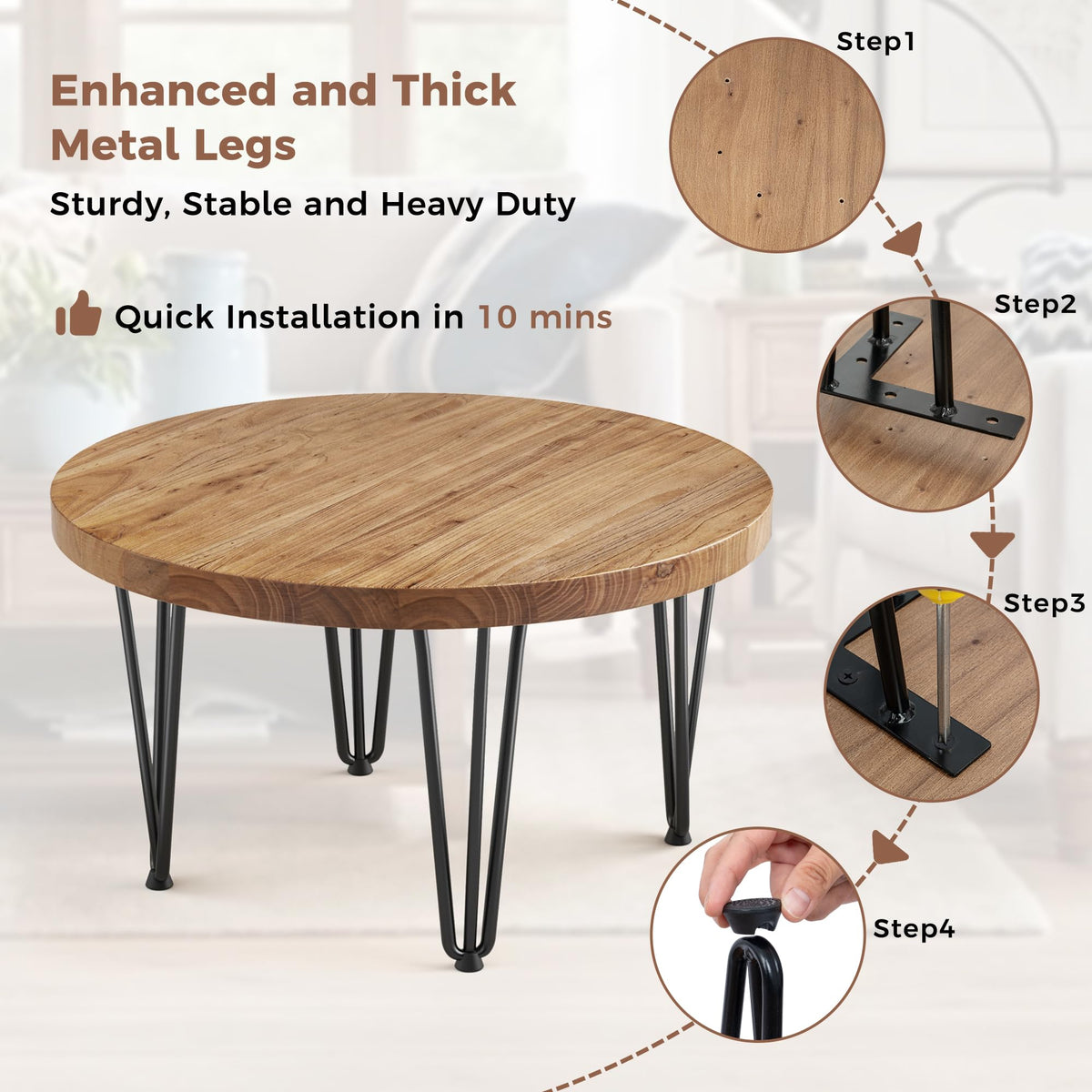 Rustic Wood Round Coffee Table with Metal Legs J148884