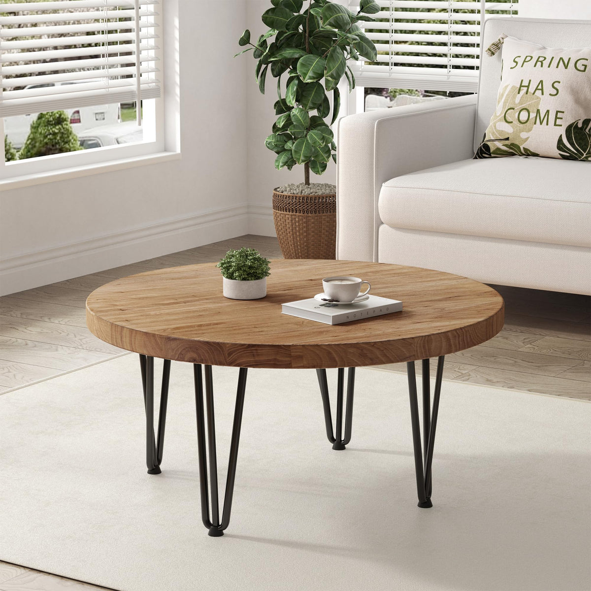 Rustic Wood Round Coffee Table with Metal Legs J148884