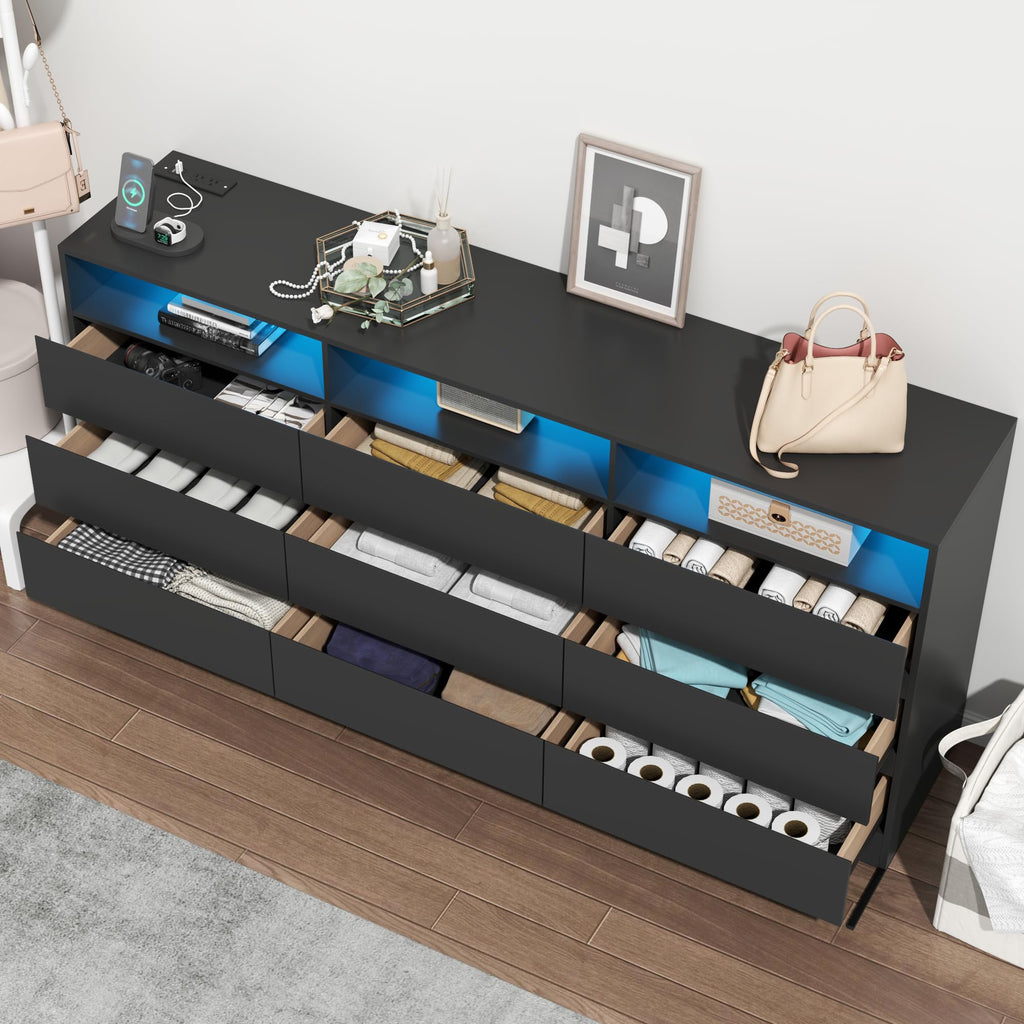 Black 9 Drawer Wood Dresser with Power Outlet E4561