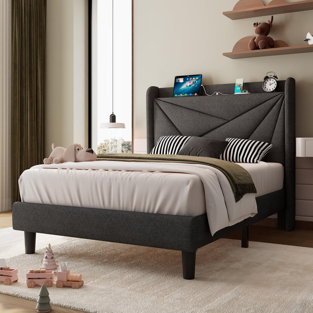 Twin Size Linen Platform Bed Frame with Wingback Upholstered Headboard I351
