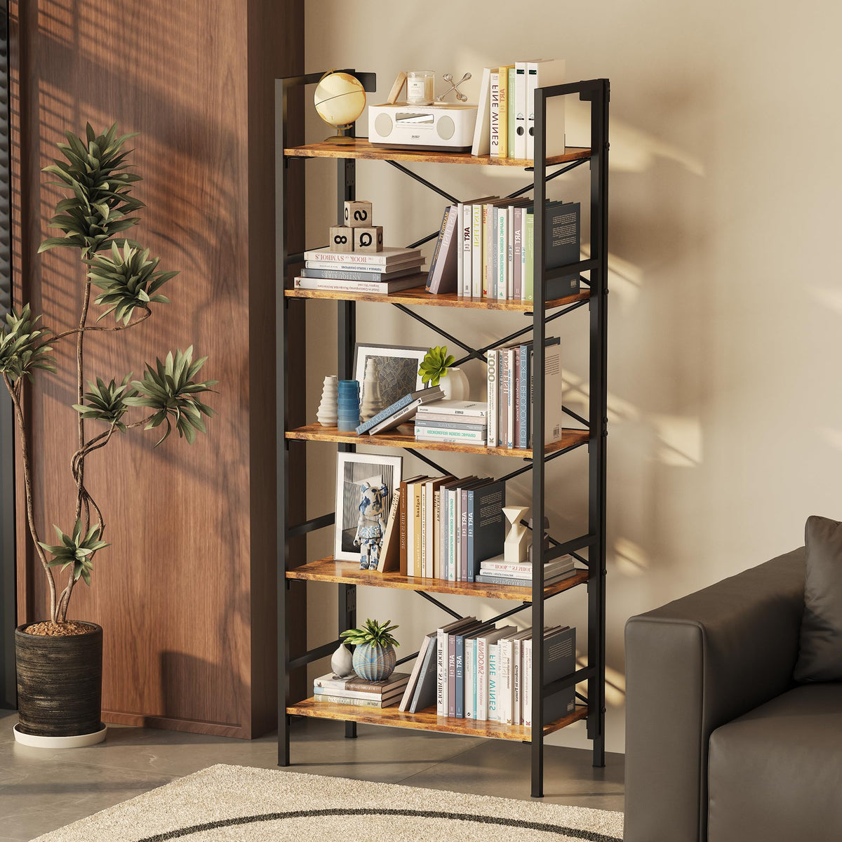 Folding 5 Tier Bookcase with X-Bracket Design U55860
