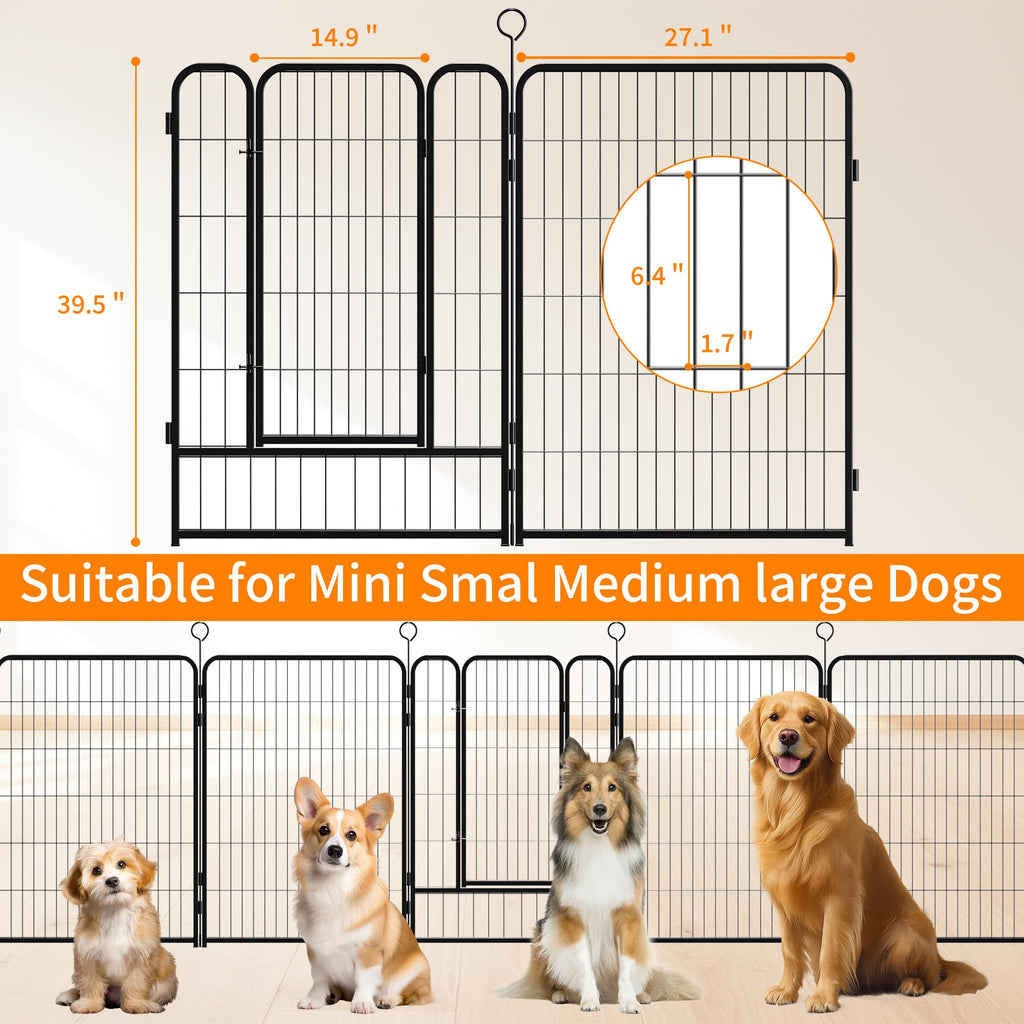 40 Inch 16 Panel Metal Garden Fence with Self-Locking Gate J386