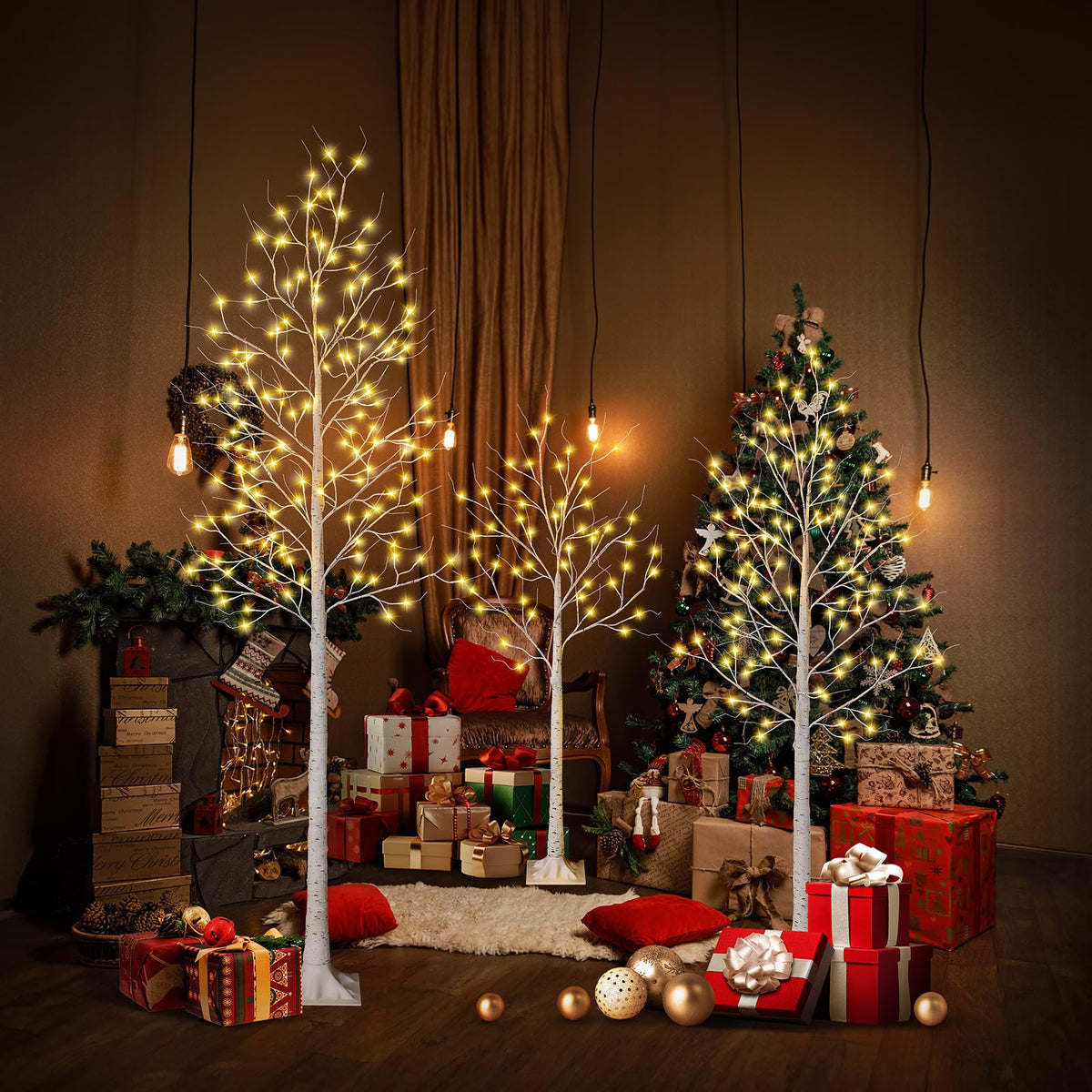 White Birch Tree with Lights Set of 3 Christmas Decorations with Warm White Lights R39464
