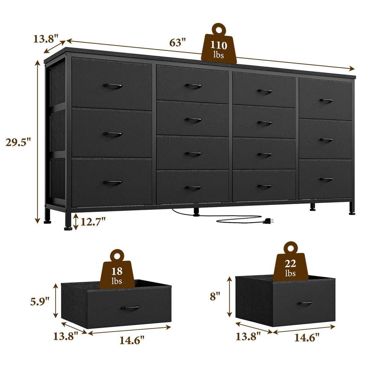 Brown 14 Drawer Fabric Dresser TV Stand R832