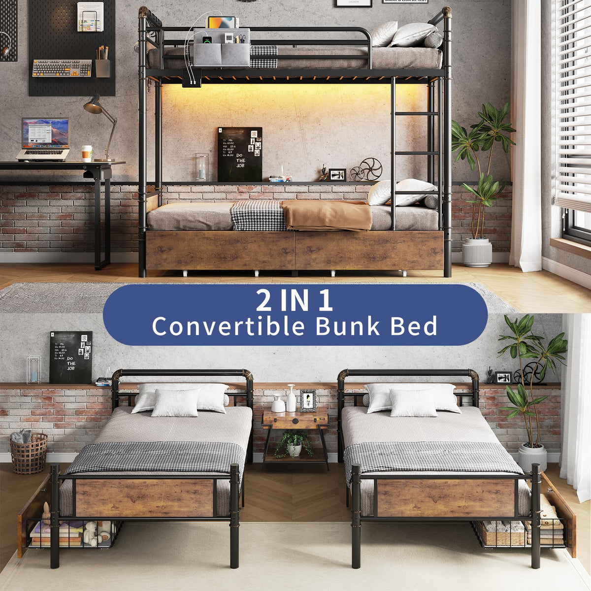 Metal LED Bunk Bed Twin Over Twin with 2 Storage Drawers C323