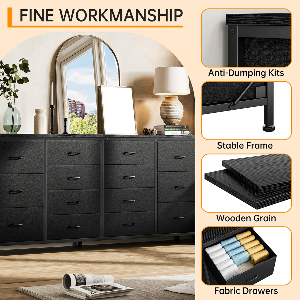 Brown 14 Drawer Fabric Dresser TV Stand R832