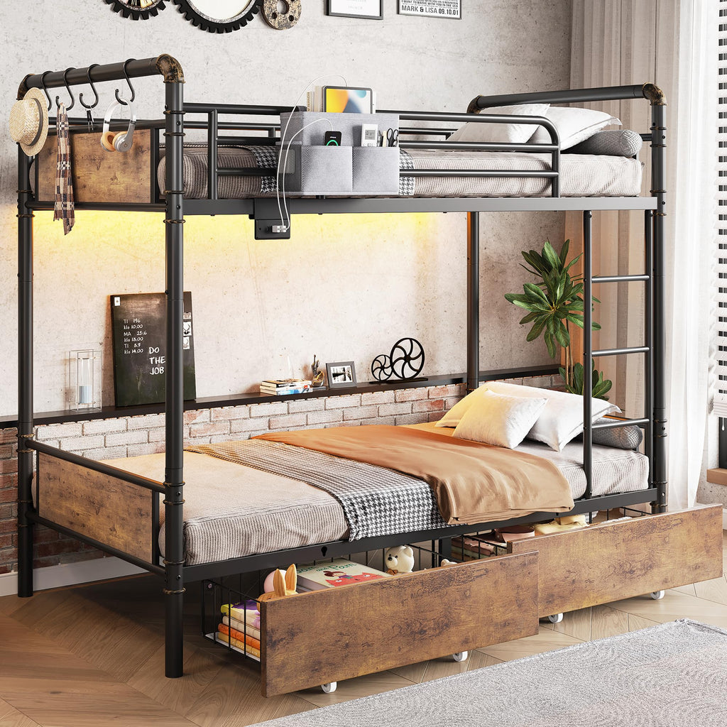 Metal LED Bunk Bed Twin Over Twin with 2 Storage Drawers C323