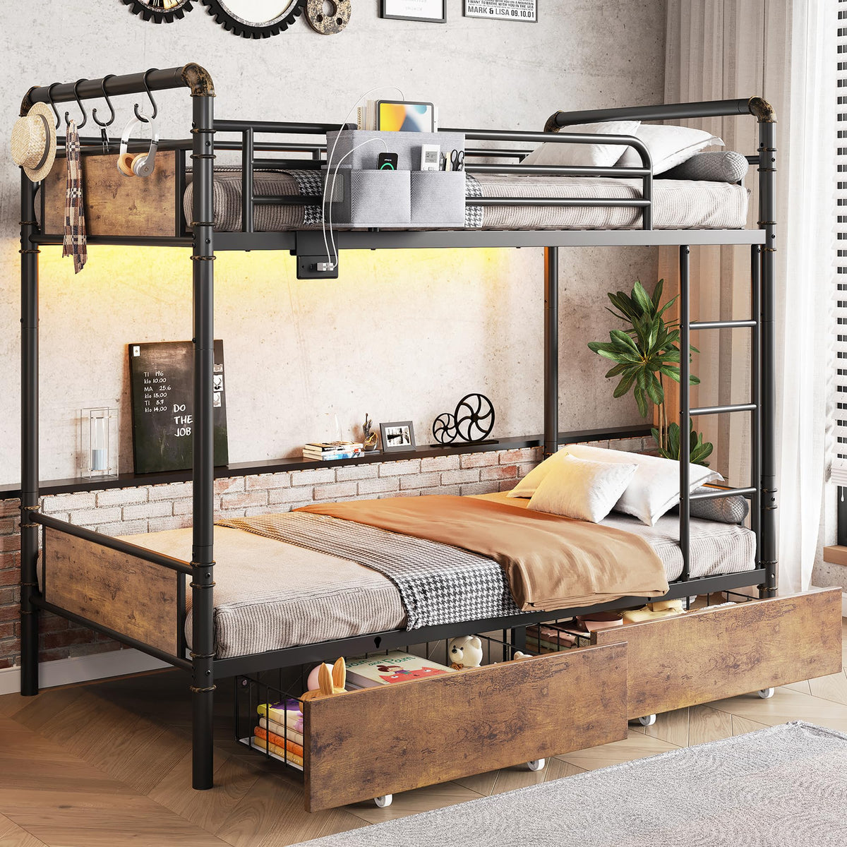 Metal LED Bunk Bed Twin Over Twin with 2 Storage Drawers C323
