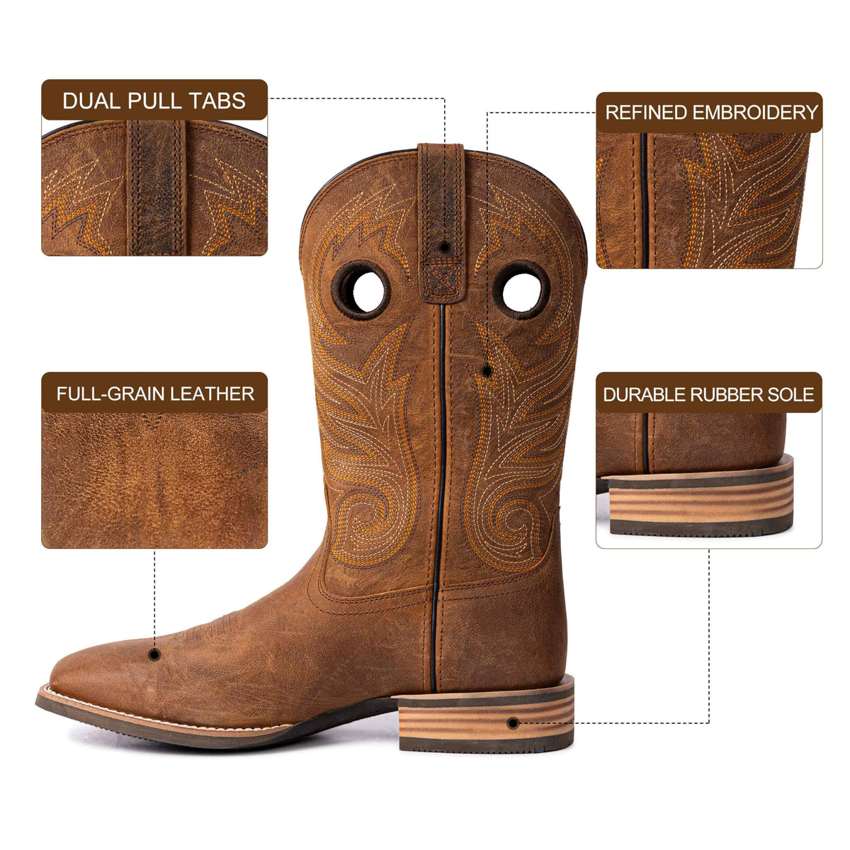 Cowboy Boots for Men Full-Grain Cowhide Square Toe Western Boot P506803