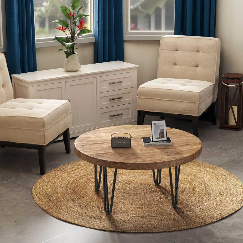 Rustic Wood Round Coffee Table with Metal Legs J148884