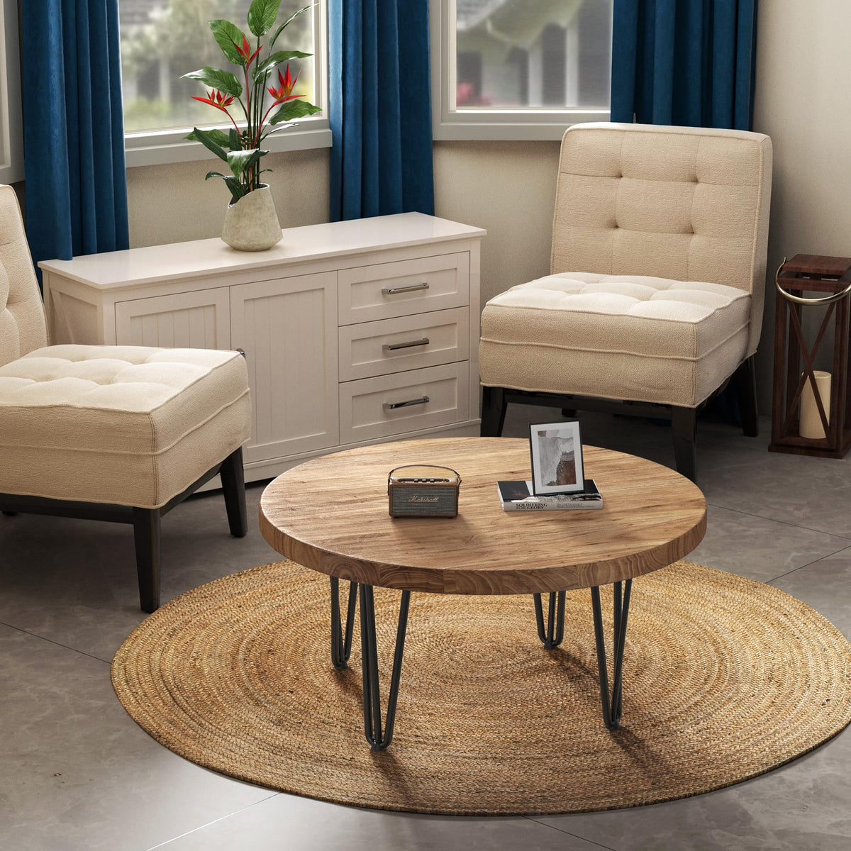 Rustic Wood Round Coffee Table with Metal Legs J148884